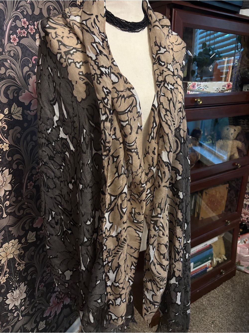 Black and Tan Floral Lace Wrap Scarf - Lightweight Layering